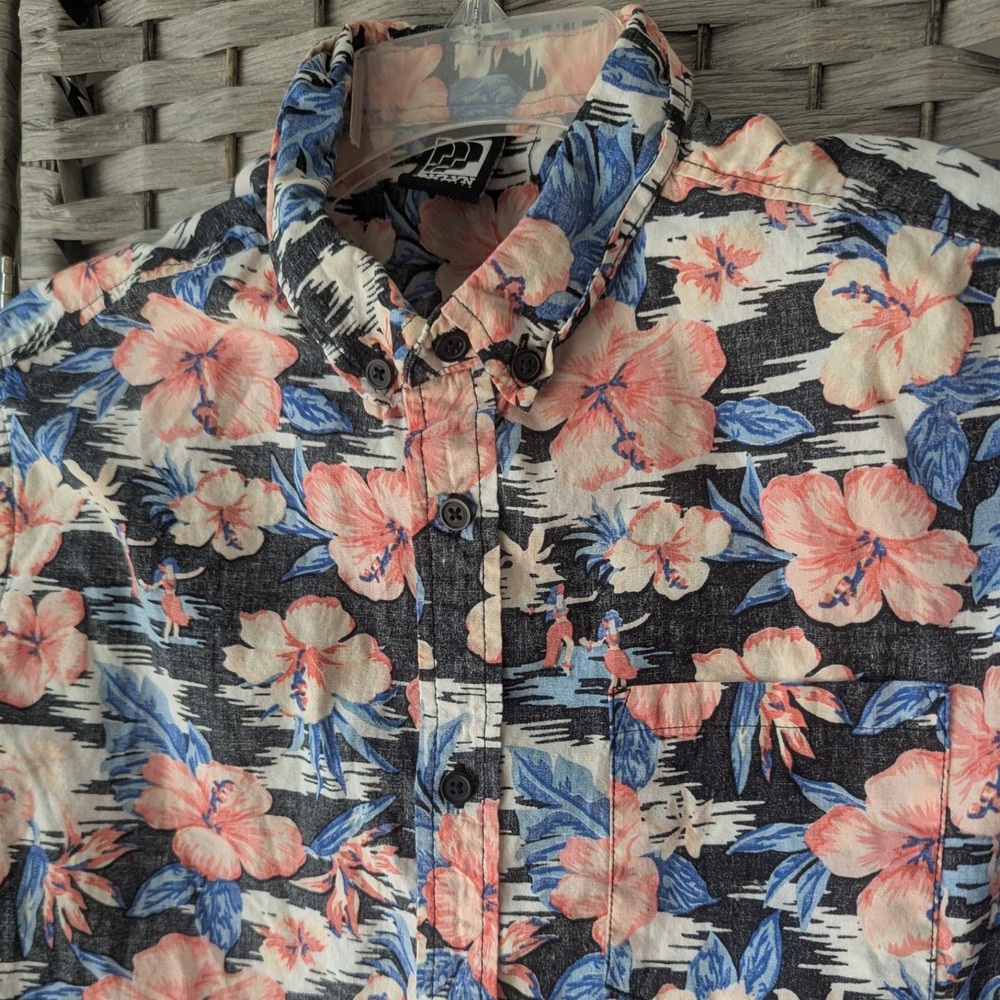 BKLYN Athletics Button Down Shirt Gray Floral Tropical Hula Mens L Resortwear